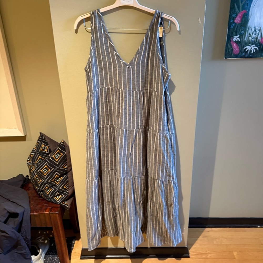 Marine Layer Gray and White Striped V-Neck Tiered Maxi Dress